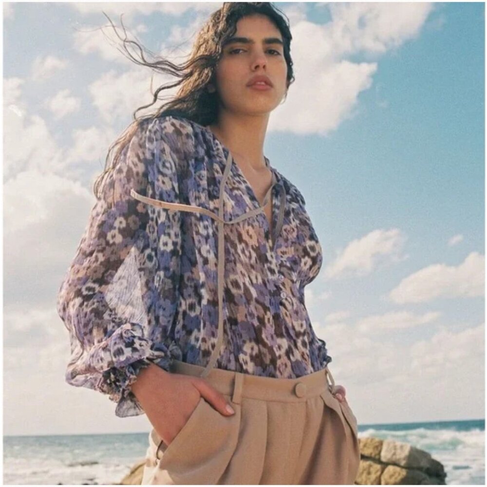 Sabina Musayev Atara Blouse Womens XS Purple Floral Sheer V Neck Long Sleeve Top
